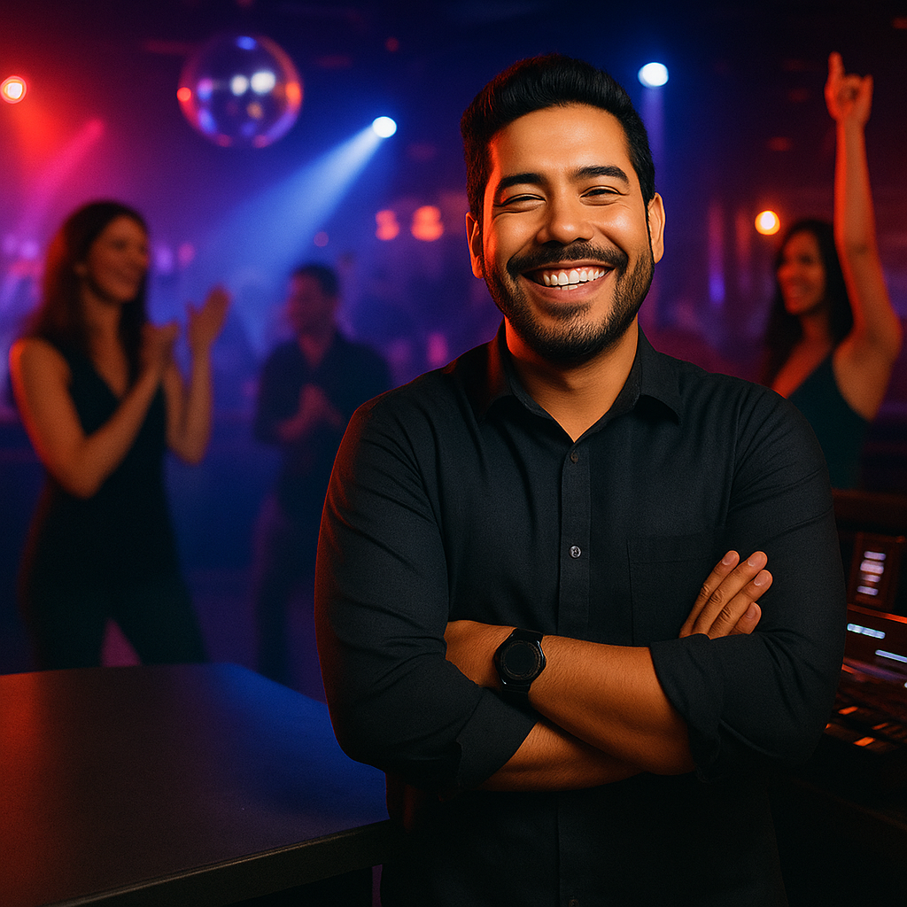 Smiling nightclub manager standing with arms crossed in a vibrant nightclub, with colorful lights and guests enjoying the atmosphere in the background
