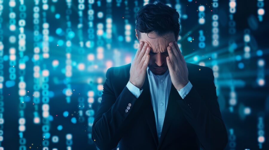 Frustrated venue owner holding his head in front of a digital background with binary code, symbolizing tech overwhelm and system complexity.