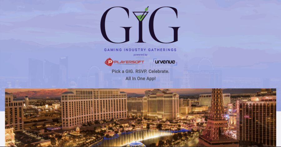 The GIG App — powered by Playersoft and UrVenue — promotes Gaming Industry Gatherings during G2E Week in Las Vegas, featuring a skyline of the Las Vegas Strip and the tagline “Pick a GIG. RSVP. Celebrate. All In One App!”