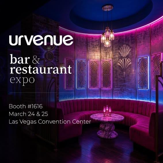 UrVenue booth announcement for Bar & Restaurant Expo at Las Vegas Convention Center featuring a neon-lit lounge seating area.