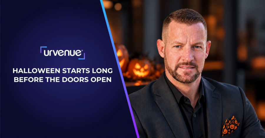 UrVenue Halloween thought leadership graphic featuring Michael Sullivan in a black suit with a Halloween-themed pocket square beside the headline, “Halloween Starts Long Before the Doors Open,” with glowing jack-o’-lanterns in the background.